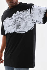 Unisex Bisiklet Yaka Baskılı Oversize T-Shirt - Siyah