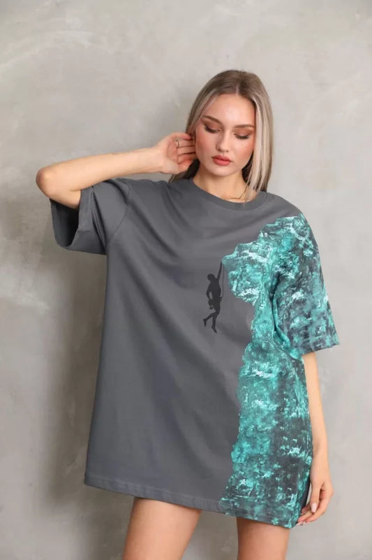 Unisex Bisiklet Yaka Baskılı Oversize T-Shirt - Gri