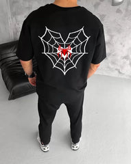 Unisex Bisiklet Yaka Baskılı Oversize T-Shirt - Siyah