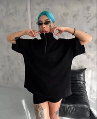 Unisex Yarım Fermuarlı Düz Oversize T-Shirt - Siyah