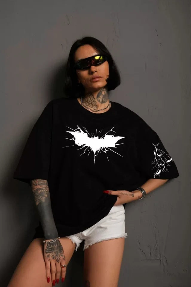 Unisex Ön Ve Kol Baskılı Oversize T-shirt - Siyah