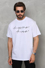 Unisex Bisiklet Yaka Baskılı Oversize T-Shirt - Beyaz