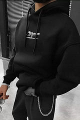 Erkek Baskılı Kapüşonlu Ve Kordon İpli Sweat - Siyah