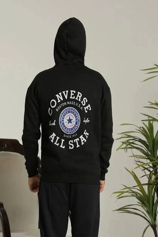 Unisex Kapüşonlu Üç İplik Oversize  Baskılı Sweatshirt - Siyah