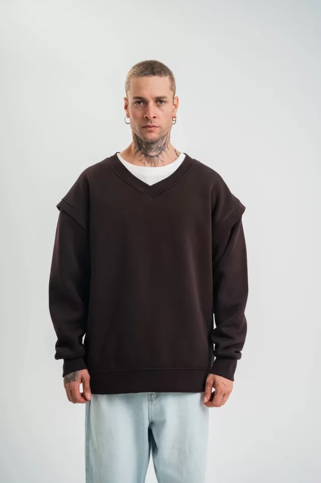 Geniş V Yaka Kol Ribana Detaylı SweatShirt - Kahve