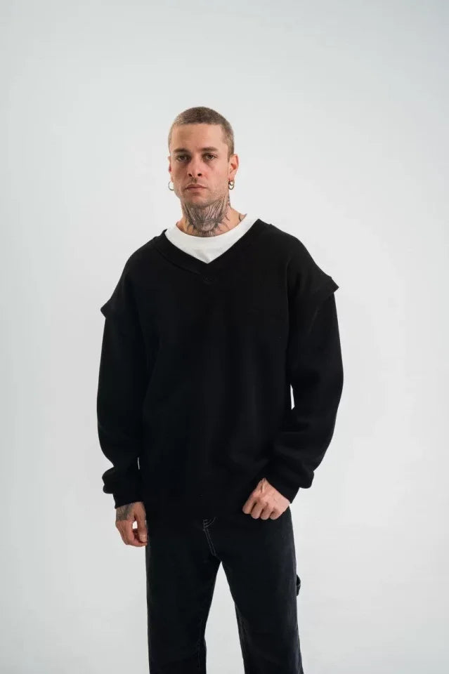 Geniş V Yaka Kol Ribana Detaylı SweatShirt - Siyah