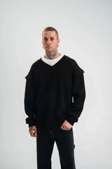 Geniş V Yaka Kol Ribana Detaylı SweatShirt - Siyah