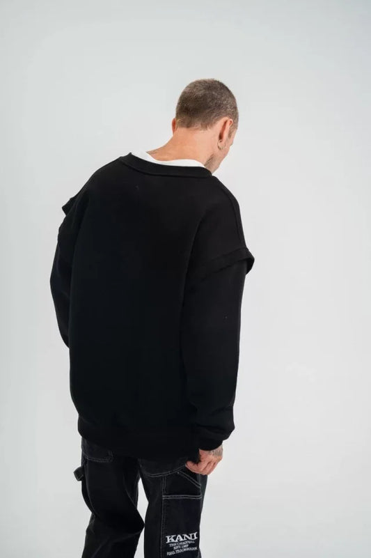 Geniş V Yaka Kol Ribana Detaylı SweatShirt - Siyah