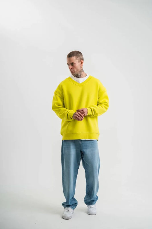 Geniş V Yaka Kol Ribana Detaylı SweatShirt - Sarı