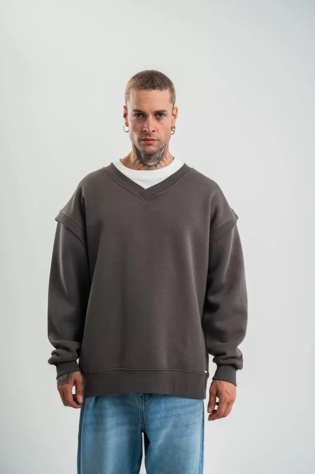 Geniş V Yaka Kol Ribana Detaylı SweatShirt - Füme