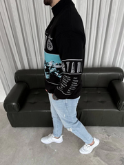 Erkek Yarım Fermuarlı Oversize Baskılı SweatShirt - Siyah