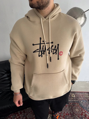 Üç İplik Kapşonlu Baskılı SweatShirt - Bej