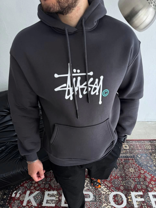 Üç İplik Kapşonlu Baskılı SweatShirt - Füme