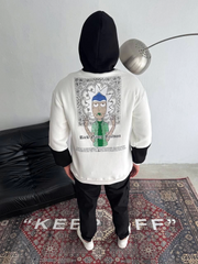 Üç İplik Kapşonlu Parçalı Baskılı SweatShirt - Beyaz