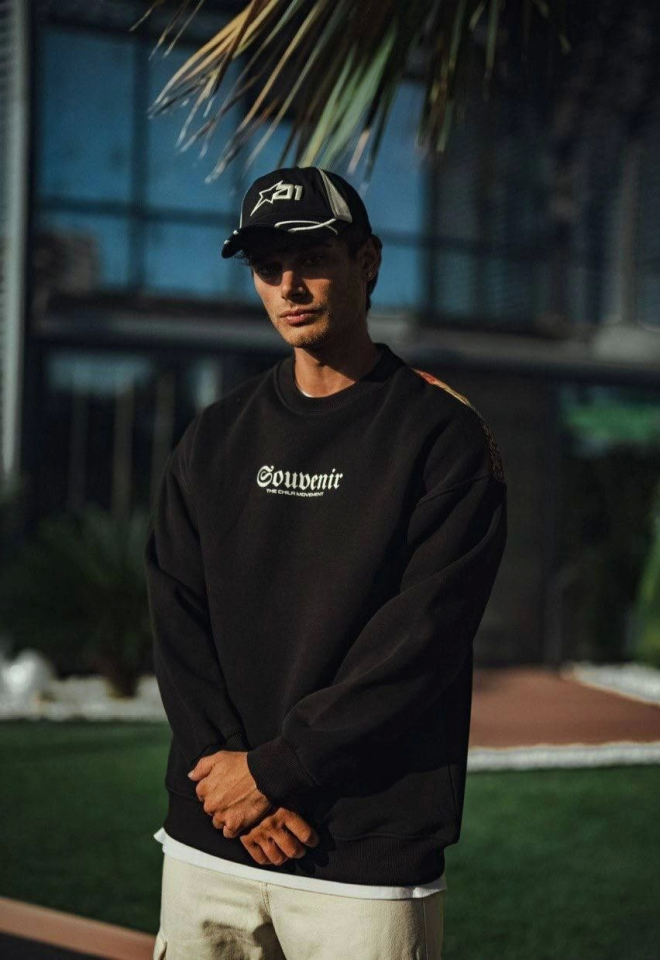 Oversize Bisiklet Yaka Baskılı SweatShirt - Siyah