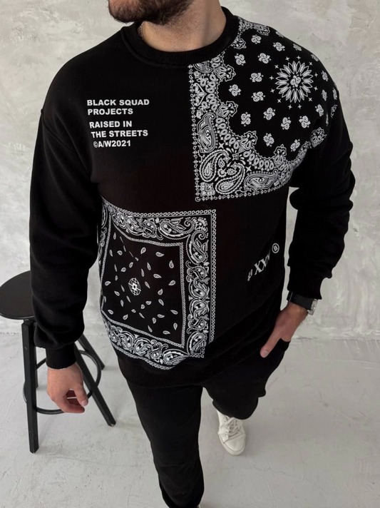 Üç İplik Desenli Bisiklet Yaka Oversize SweatShirt - Siyah