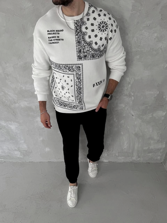 Üç İplik Desenli Bisiklet Yaka Oversize SweatShirt - Beyaz