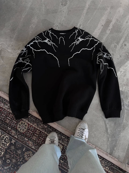 Yıldırım Baskılı Bisiklet Yaka SweatShirt - Siyah