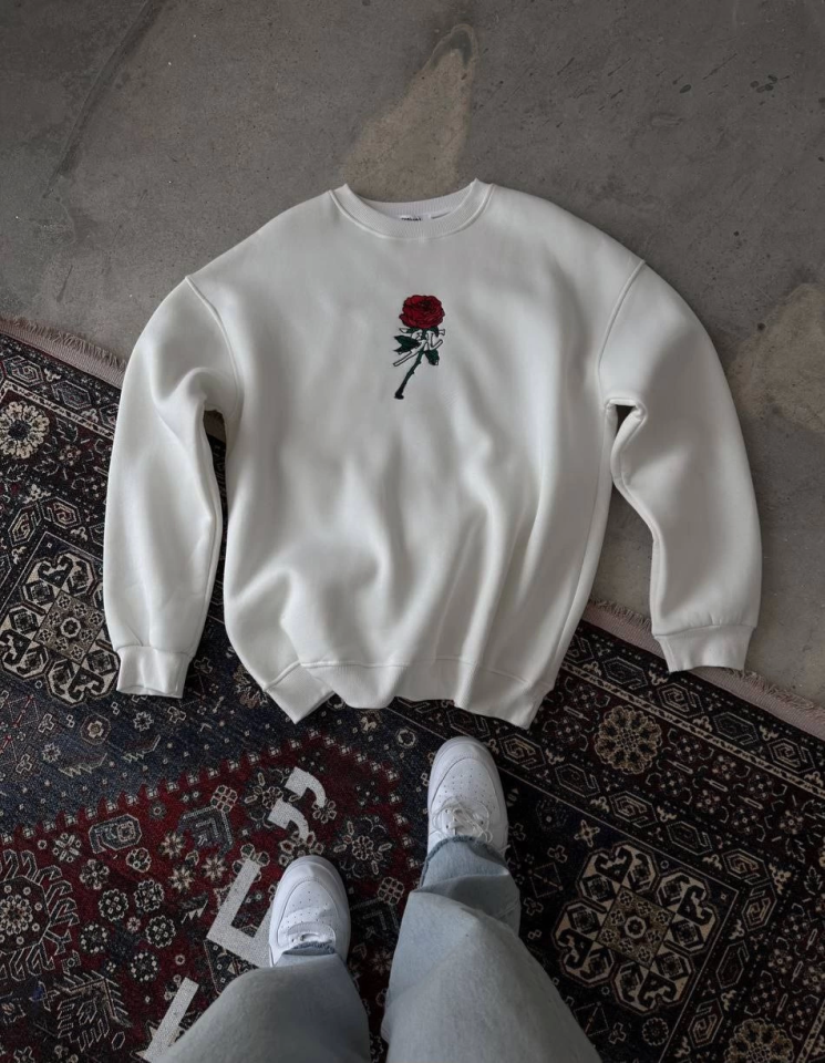 Unisex Bisiklet Yaka Ön Ve Arka Baskılı SweatShirt - Beyaz