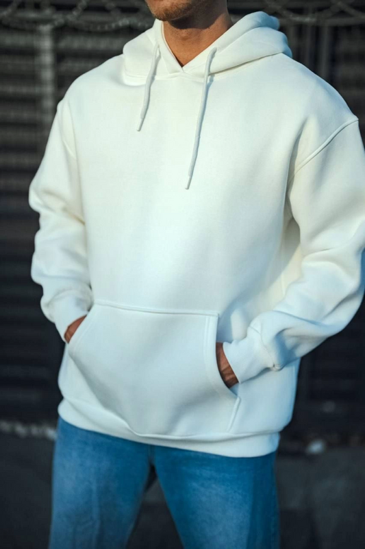 Üç İplik Penye Kapşonlu Basic SweatShirt - Beyaz