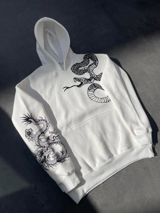 Uzun Kol Kapşonlu Baskılı SweatShirt - Beyaz