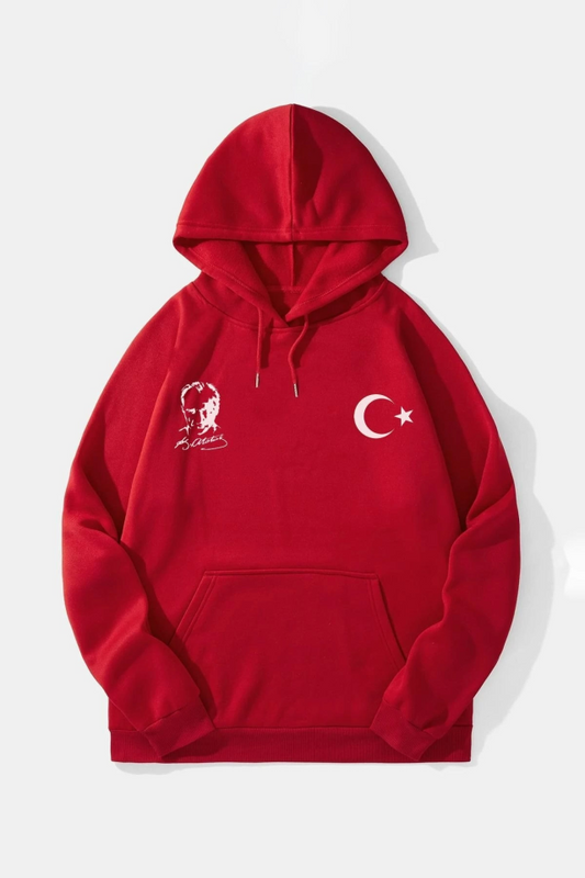 10 Kasıma Özel Üç İplik Kapşonlu Baskılı SweatShirt - Kırmızı