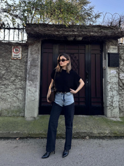 Jeans Kot Parçalı Palazzo Pantolon - Siyah