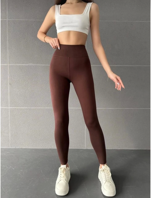 Nonofit Yüksek Bel Düz Özel Tasarım Sporcu Tayt - Kahve