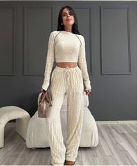 Uzun Kollu Badi Ve Pantolon İkili Takım - Bej