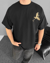 Ön Ve Arka Baskılı Oversize Bisiklet Yaka T-shirt - Siyah