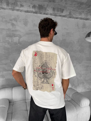 Ön Ve Arka Baskılı Oversize Bisiklet Yaka T-shirt - Beyaz