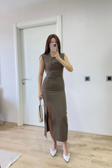 Yırtmaç Detaylı Kolsuz Elbise - Antrasit