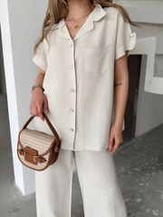 Keten Kısa Kollu Cepli Gömlek Pantolon Ikili Takım - Beyaz