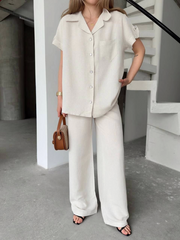 Keten Kısa Kollu Cepli Gömlek Pantolon Ikili Takım - Beyaz