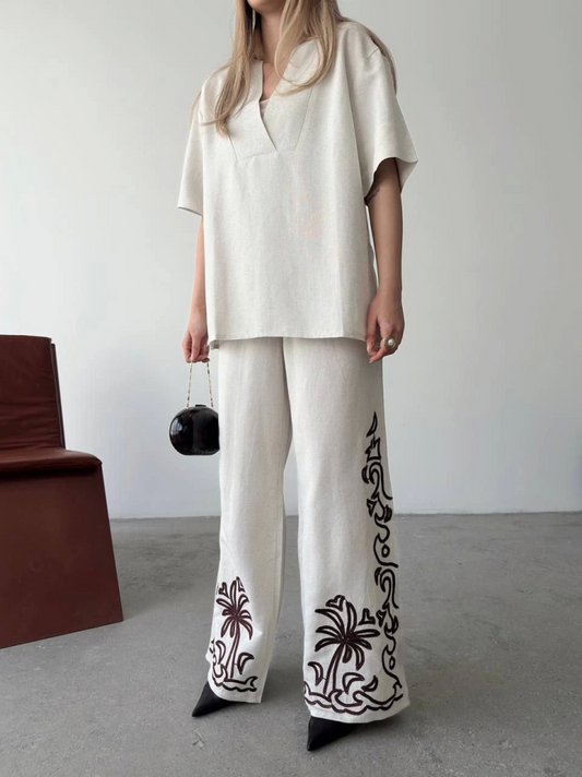Keten Kısa Kolu  V Yaka Bluz Pantolon Ikili Takım- Beyaz