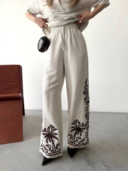 Keten Kısa Kolu  V Yaka Bluz Pantolon Ikili Takım- Beyaz