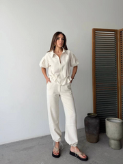 Keten Tam Fermuarlı Kısa Kollu Gömlek Pantolon Ikili Takım - Beyaz