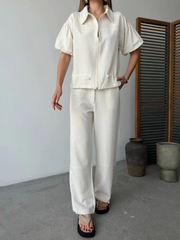 Keten Tam Fermuarlı Kısa Kollu Gömlek Pantolon Ikili Takım - Beyaz