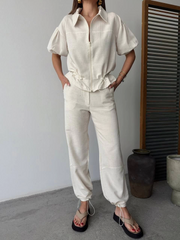 Keten Tam Fermuarlı Kısa Kollu Gömlek Pantolon Ikili Takım - Beyaz