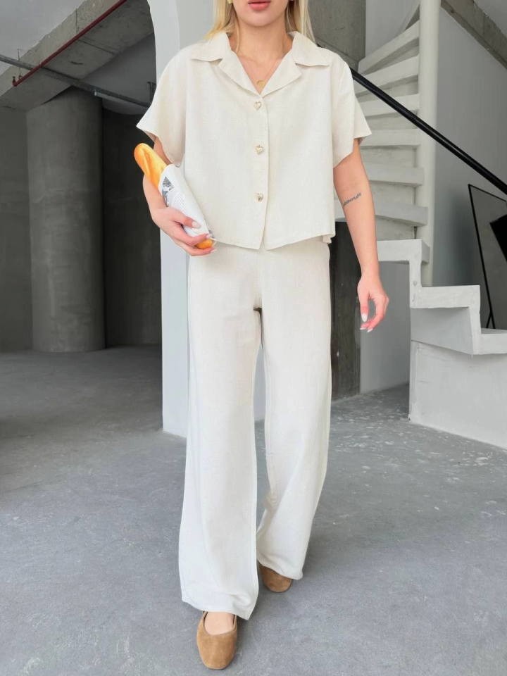 Keten Kısa Kollu Gömlek Pantolon Ikili Takım - Beyaz