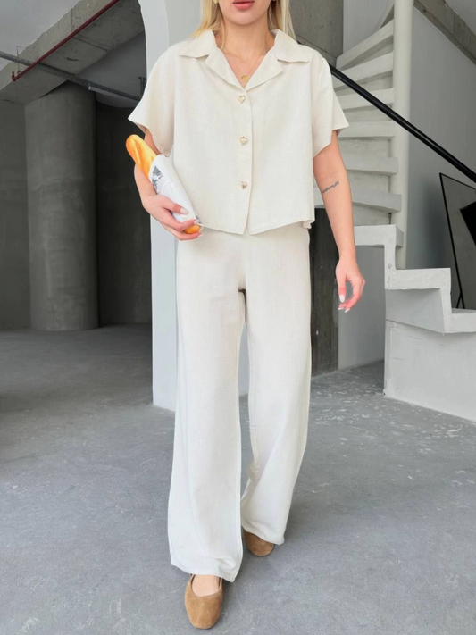 Keten Kısa Kollu Gömlek Pantolon Ikili Takım - Beyaz