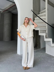 Keten Kısa Kollu Gömlek Pantolon Ikili Takım - Beyaz