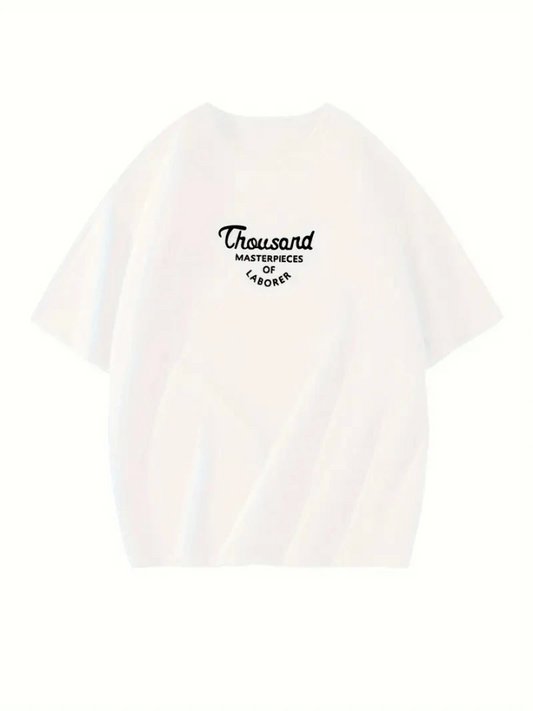 Thousand Baskılı Oversize Bisiklet Yaka T-shirt - Beyaz