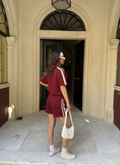 Osy Modal Yumuşak Dokulu Kumaş Parçalı Bisiklet Yaka T-shirt Mini Şortlu Etek İkili Takım -Bordo