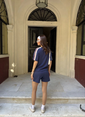 Osy Modal Yumuşak Dokulu Kumaş Parçalı Bisiklet Yaka T-shirt Mini Şortlu Etek İkili Takım -Lacivert