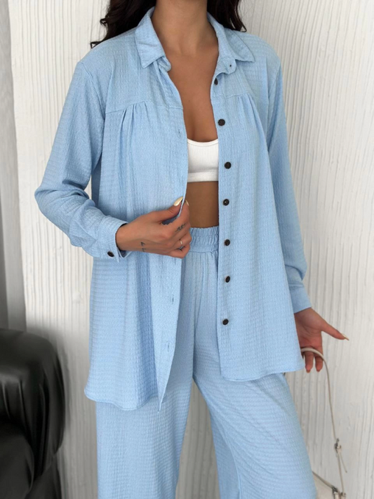 Yakalı Düğmeli Uzun Kollu Gömlek Pantolon Ikili Takım - Bebek Mavisi