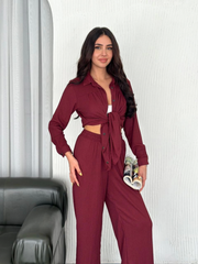 Yakalı Düğmeli Uzun Kollu Gömlek Pantolon Ikili Takım - Bordo