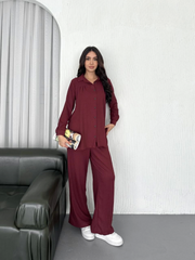 Yakalı Düğmeli Uzun Kollu Gömlek Pantolon Ikili Takım - Bordo
