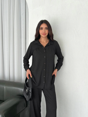 Yakalı Düğmeli Uzun Kollu Gömlek Pantolon Ikili Takım - Siyah