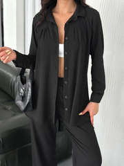 Yakalı Düğmeli Uzun Kollu Gömlek Pantolon Ikili Takım - Siyah